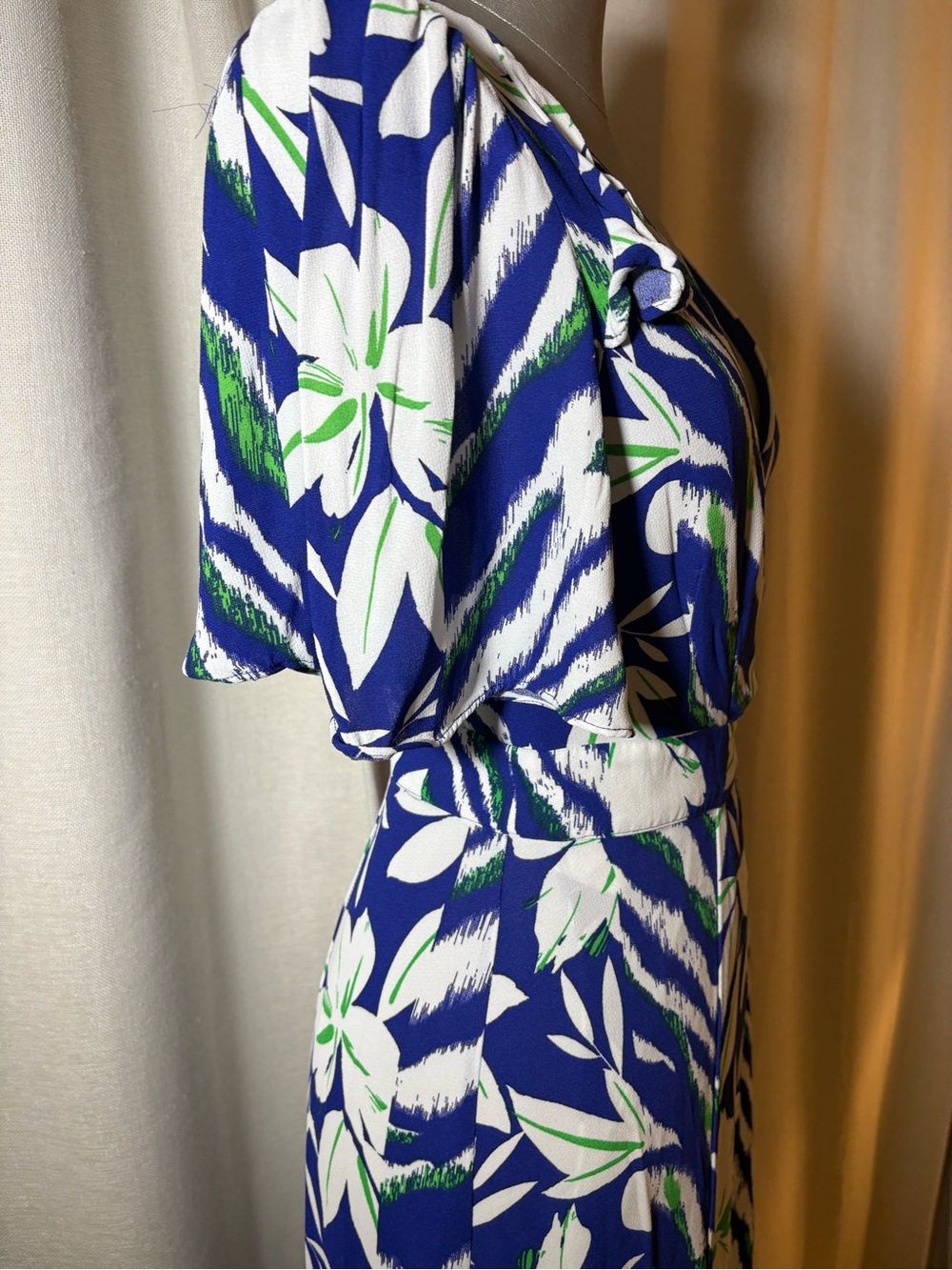 French Connection Cobalt Blue Floral Tropical Wrap Maxi Dress cape sleeves XS - Picture 9 of 14